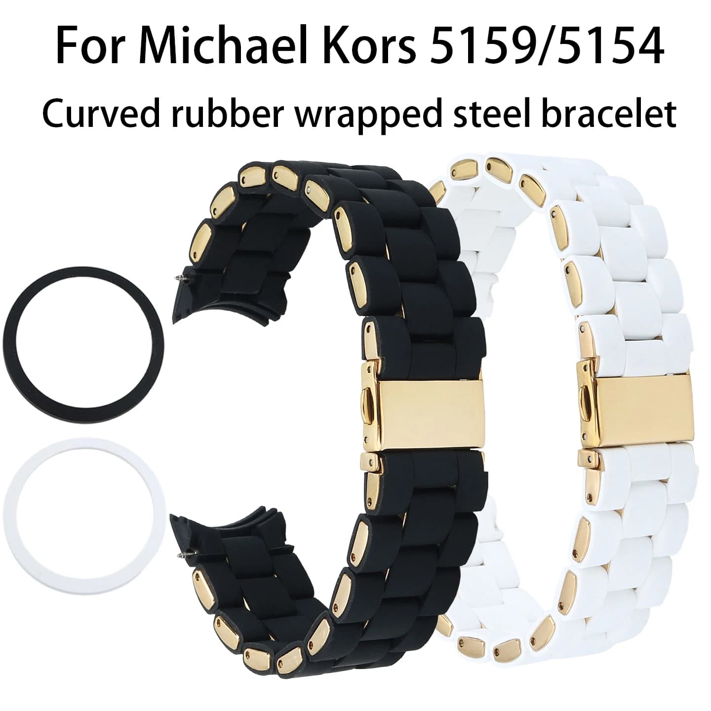 Cinturino per orologio in acciaio e gomma dal design curvo da 20 mm per uomo e donna + bracciale alla moda bianco e nero con lunetta in acciaio per Michael Kors MK5154 MK5159