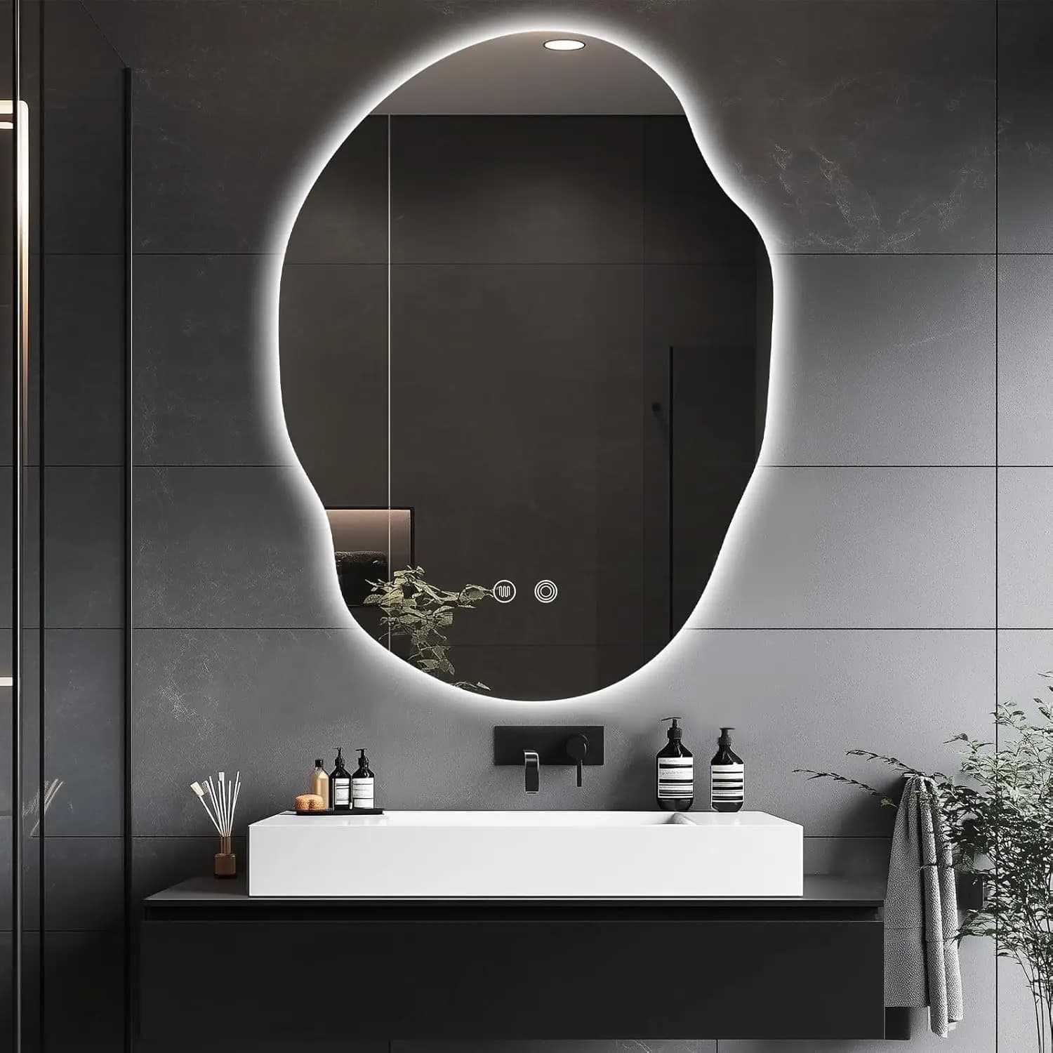 Specchio LED Irregolare per Bagno - Asimmetrico, Retroilluminato, Antiappannamento, 3 Colori, Dimmerabile, Orizzontale/Verticale