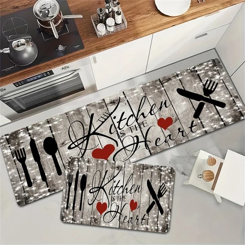 VIKAMA 1/2 pieces simple knife and fork heart shaped kitchen mat, laundry mat, washing machine washable, home decoration