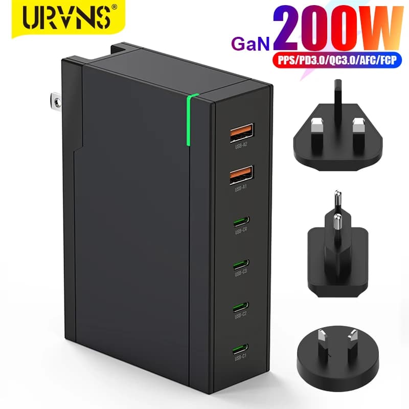 URVNS 200W GaN caricatore da muro 6 porte USB C PD 100W 60W adattatore da viaggio veloce per MacBook Pro/Air iPhone 14 13 Samsung Galaxy Xiaomi