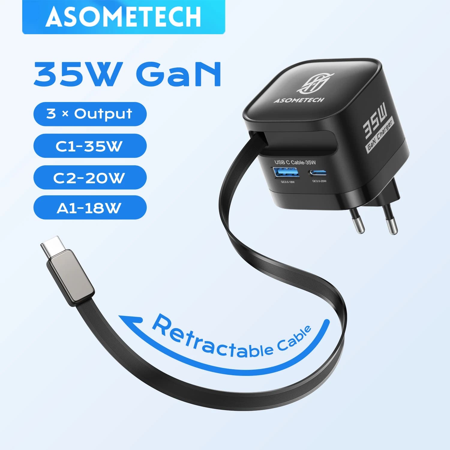 Caricatore USB C GaN ASOMETECH da 35 W con cavo retrattile di tipo C 3 USB PD3.0 QC3.0 PPS Caricatore USB veloce per iPhone 17 iPad Samsung
