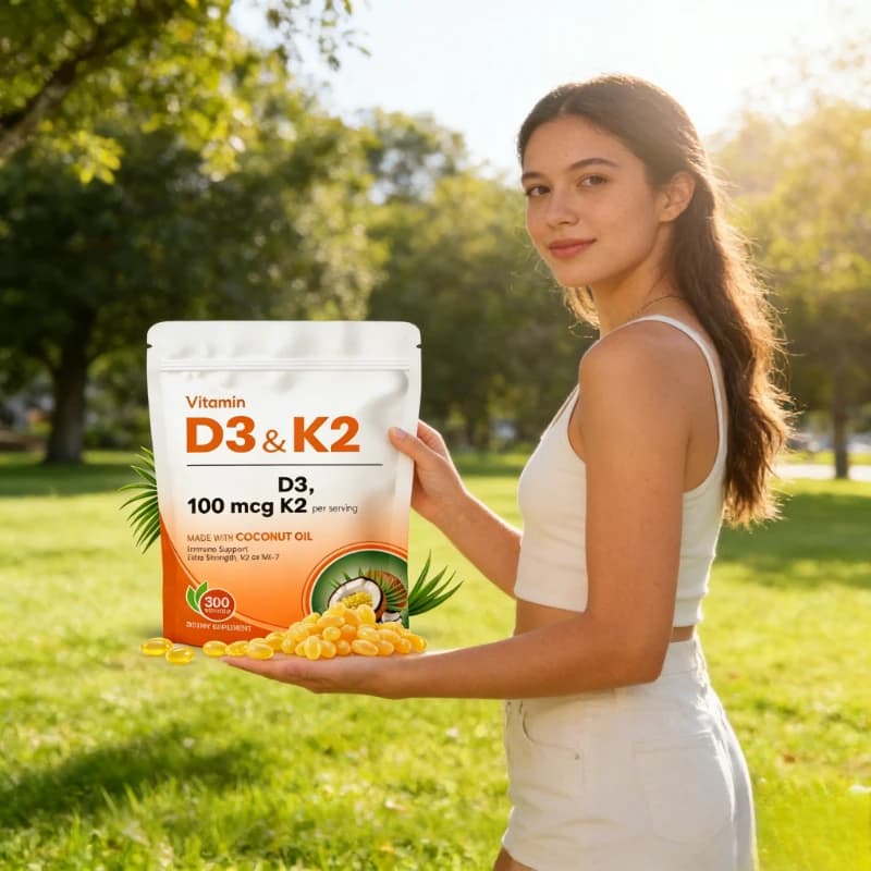 Capsule di Vitamina D3 K2 2 in 1 con Olio di Cocco, Integratore di Vitamina D e K per il Supporto dell'Assorbimento del Calcio e della Salute delle Ossa, Facili da Deglutire