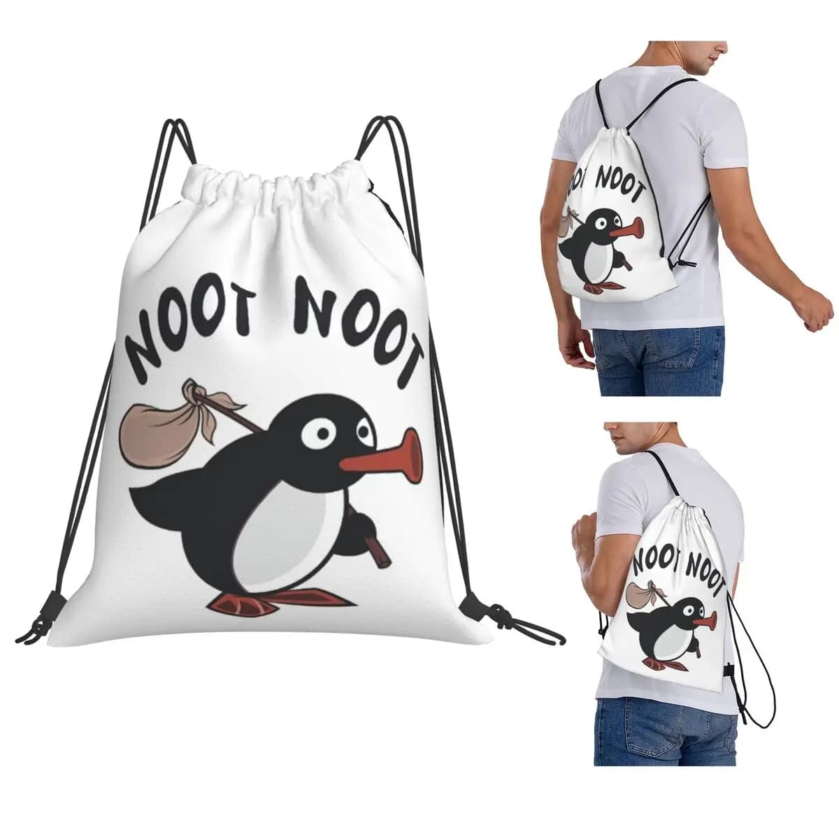 Simpatici zaini da pesca a forma di pinguino Pingu, borse casual con coulisse, borse portaoggetti, borse per libri per studenti e viaggi