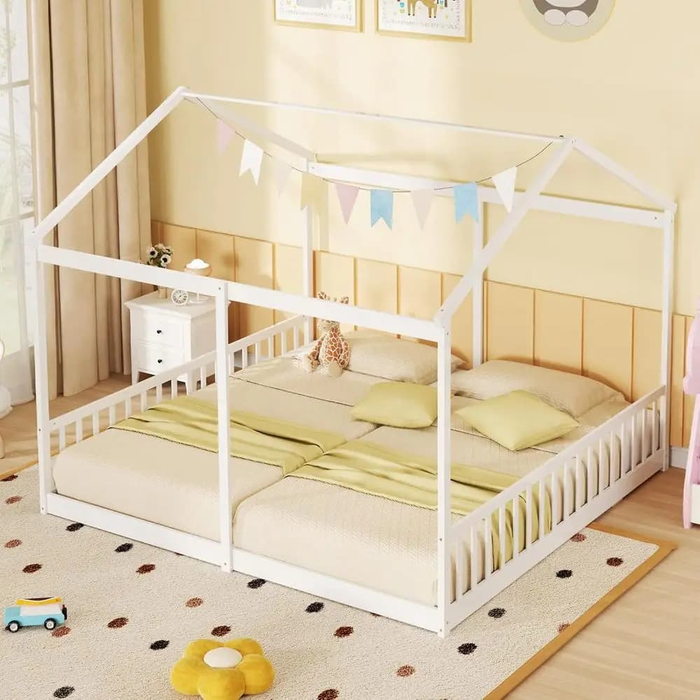 Twin Beds in White Wood for Children with Recination and Container, Easy Assembly, Non-required Doge Network