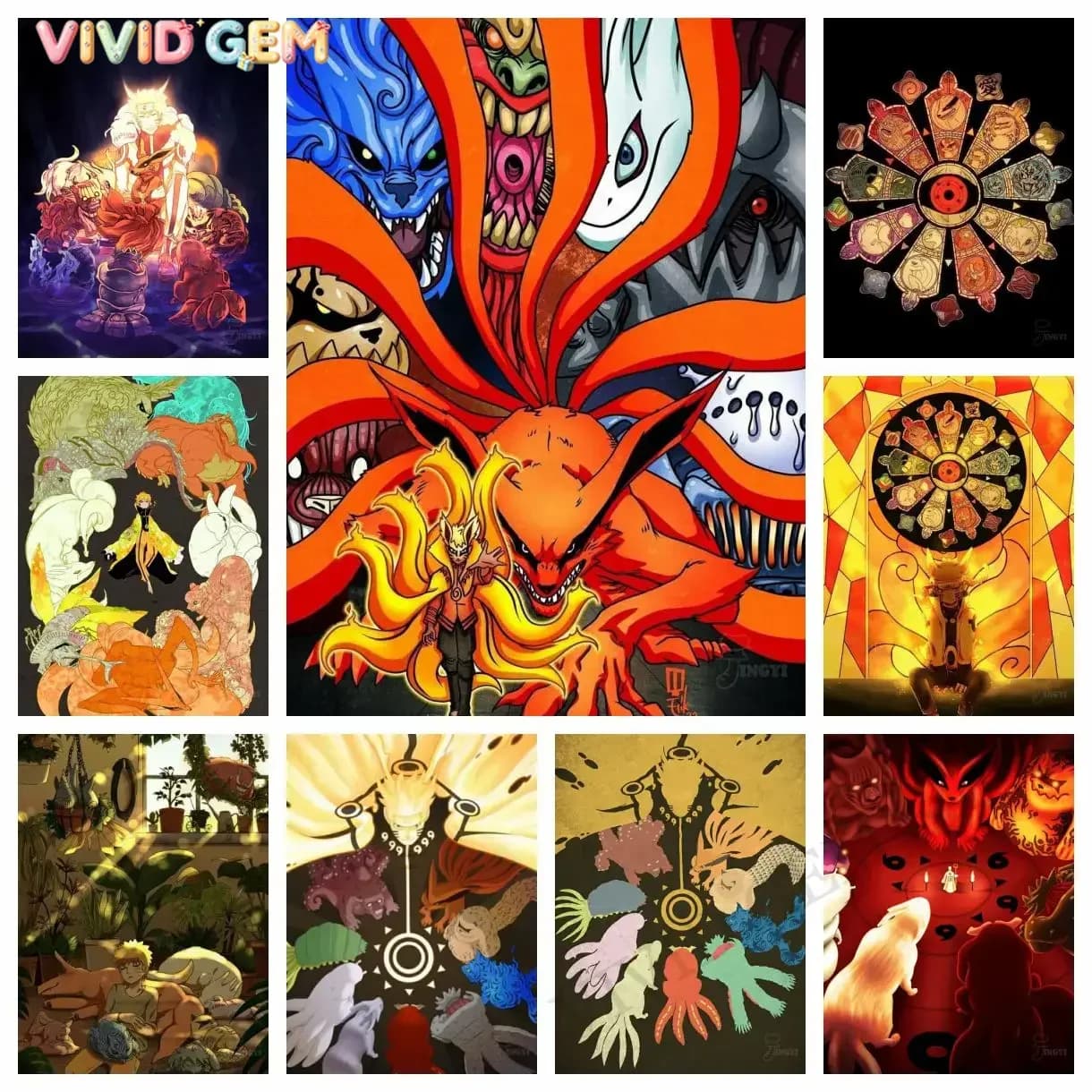 VIVID GEM 1pc frameless Japanese Anime Naruto Diamond Painting Painted style Kit Nine Big Tails 5D Embroidery Handmade Art Gif