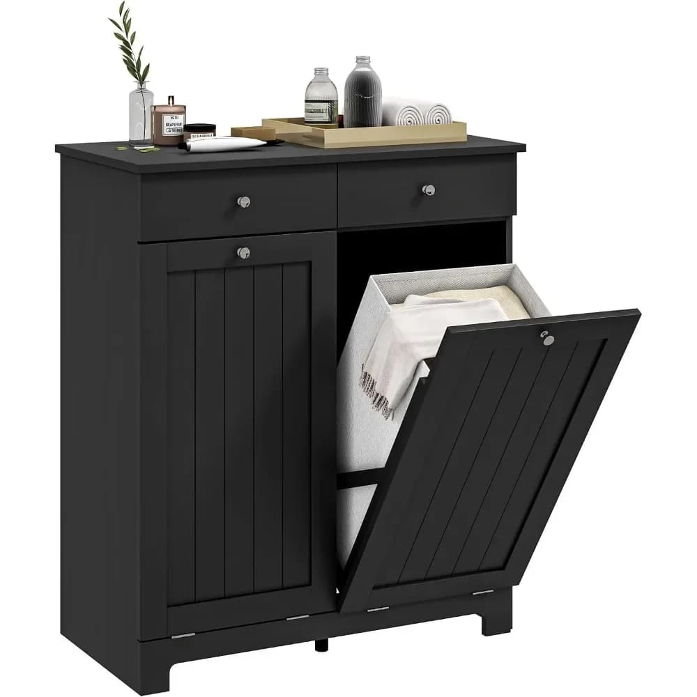 HOMCOM Laundry Cabinet with 2 Removable Baskets, Tilt Out Hamper, Black | 2 Drawers, 2 Beadboard Doors, Bathroom Hamper Cabinet