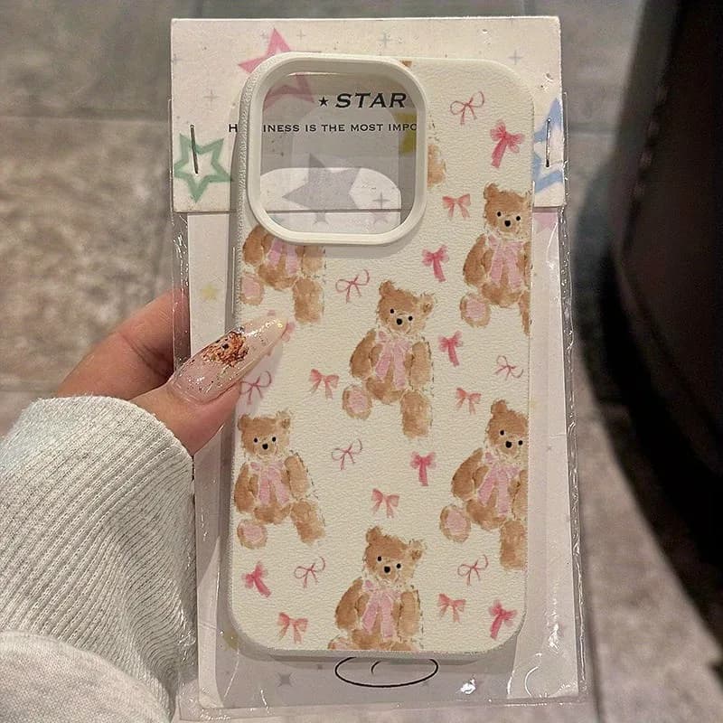 Lovely TPU case with bear-shaped design with pink bow for iPhone 17 Pro Max 16 Plus 15 14 13 12 11 XS XR X 16E 17 TPU cover soft shockproof