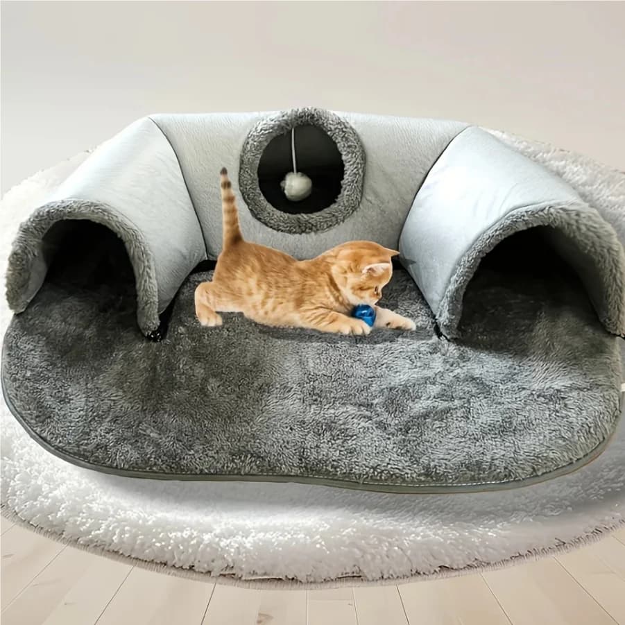 Cuccia Tunnel 3-in-1 per Gatti - Tappetino Gioco e Nido Caldo con Base Antiscivolo per Gatti Piccoli e Medi, Conigli e Criceti