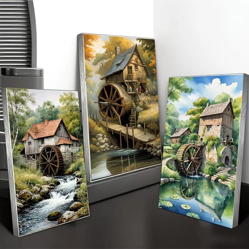 3Pcs DIY Diamond Painting Cross Stitch Rural Windmill House Natural Landscape Full Drill Triptych Diamond Art,Mosaic Embroidery,