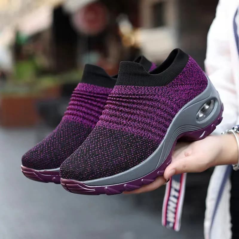 Scarpe da passeggio slip-on in maglia da donna, sneakers con plateau e cuscino d'aria in viola/grigio/nero, calzature casual traspiranti