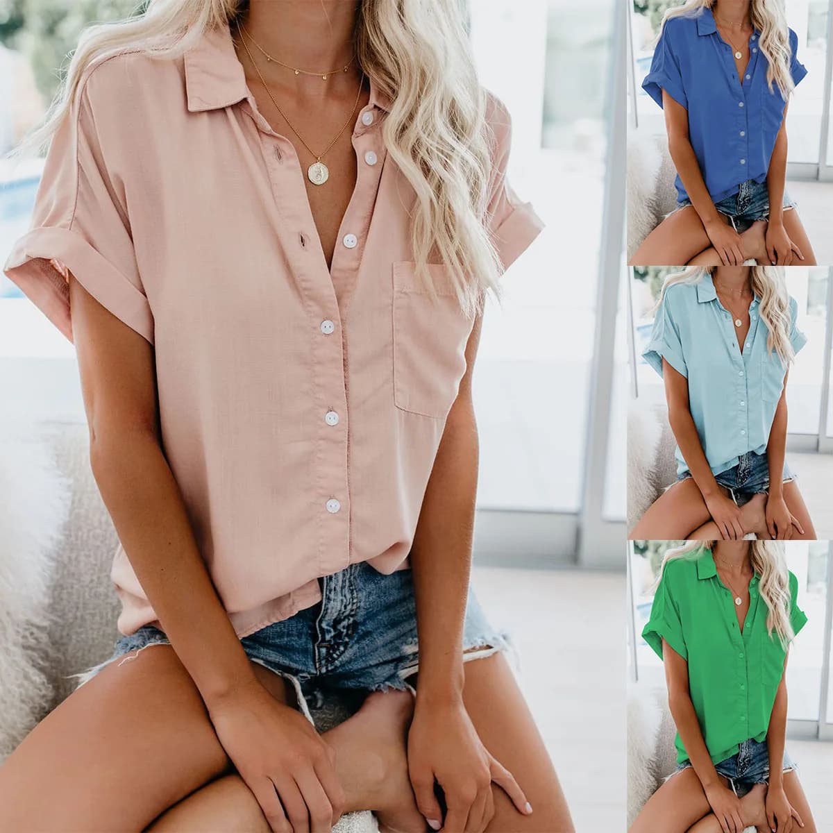 Women's Short Sleeve Shirt Buttons Plain Blouse Commute Style Fitted Polyester Fabric Summer Chinese Origin