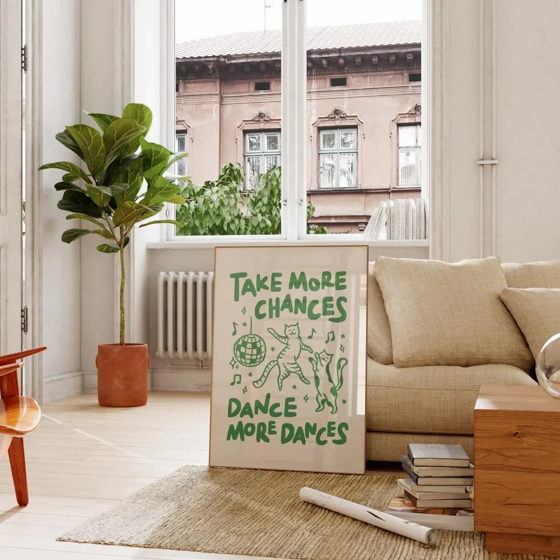 Playful ‘Take More Chances Dance More Dances’ Cat Disco Wall Art – Whimsical Green Print with Dancing Felines & Disco Ball, Perf