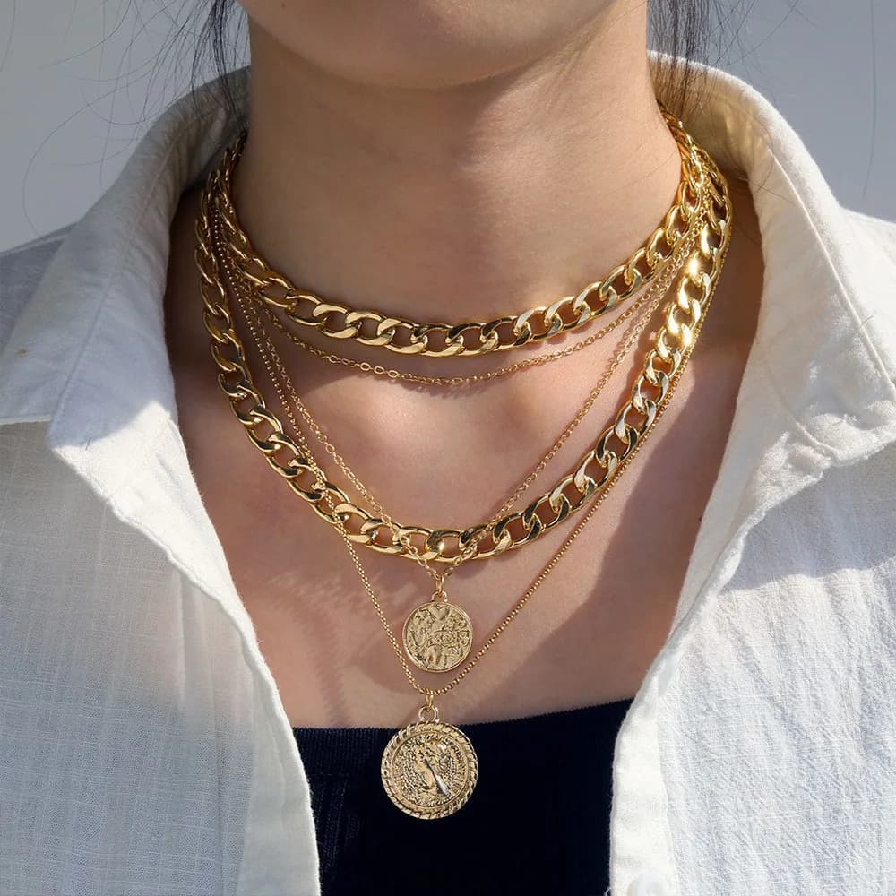 Multi-layer Stackable Gold Coin Necklace, Vintage Lady Head Coin Clavicle Chain, Hip-hop Style Neck Ornament