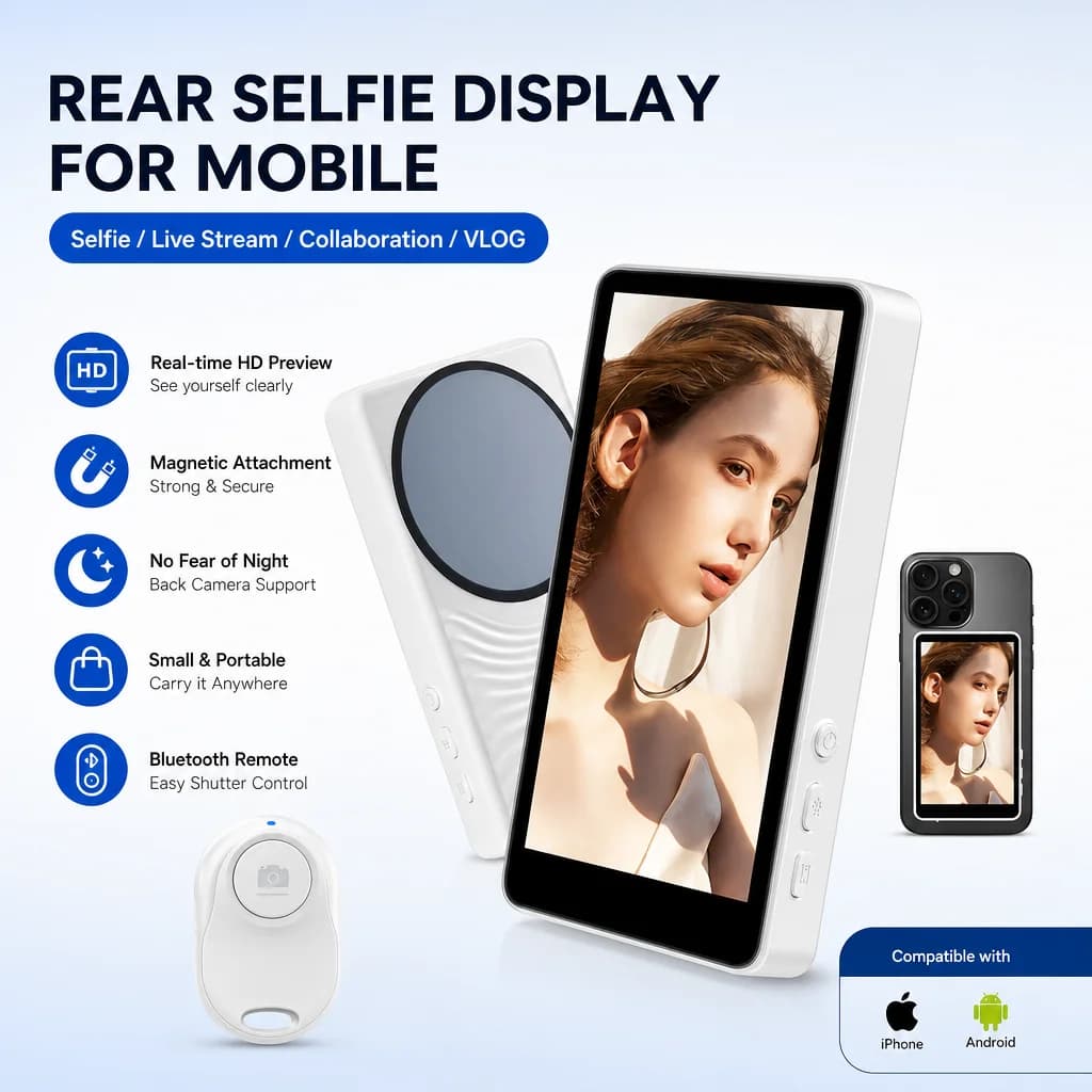 Wireless Magnetic Charging Self‑View Screen Phone Rear Camera Selfie Display Mirror Portable Viewer for Vlog Live Streaming Gift