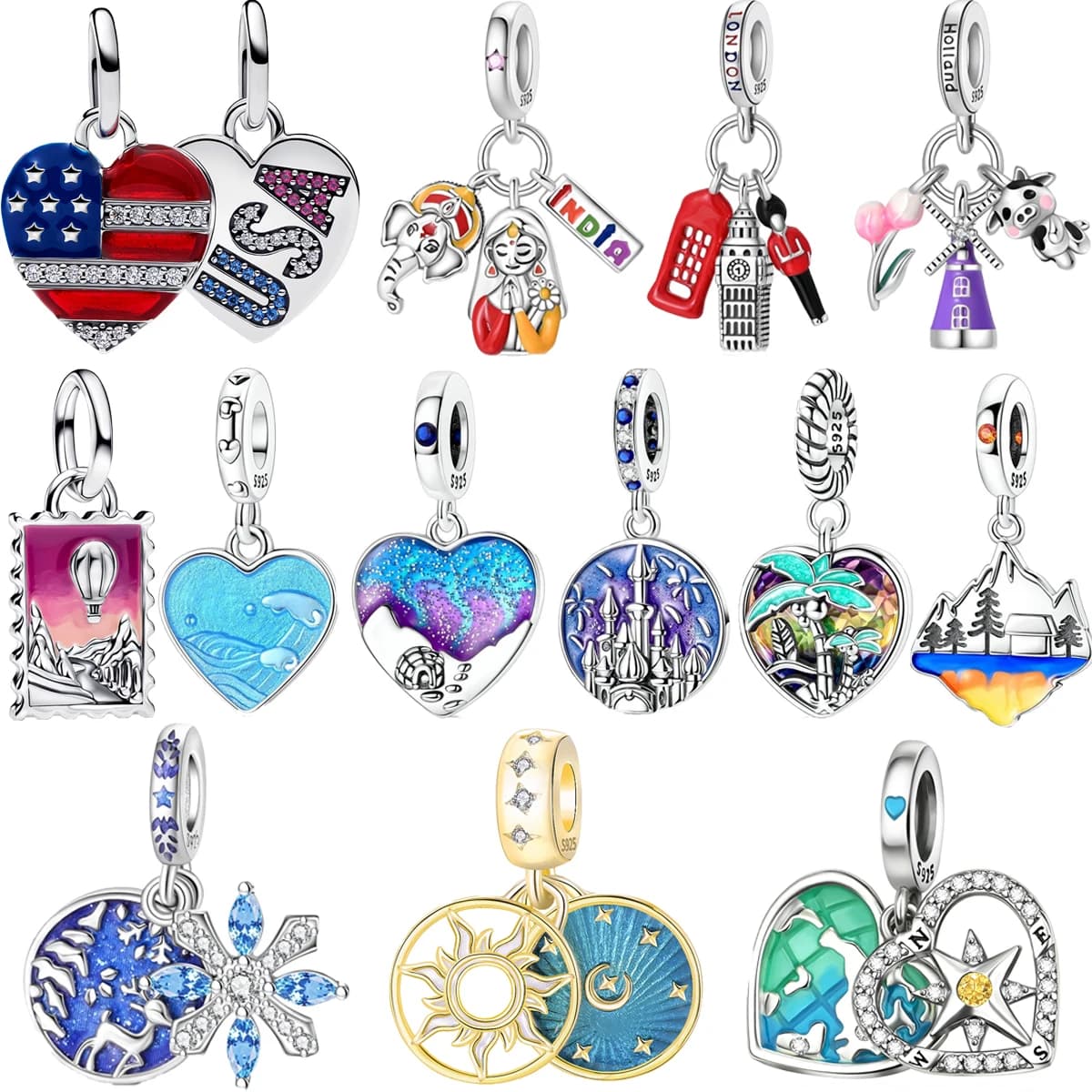 Original 925 Sterling Silver Charms Heart Csea View Stars Moon Sun Beads Pendant Bracelets Necklaces Womens DIY Jewelry Gift