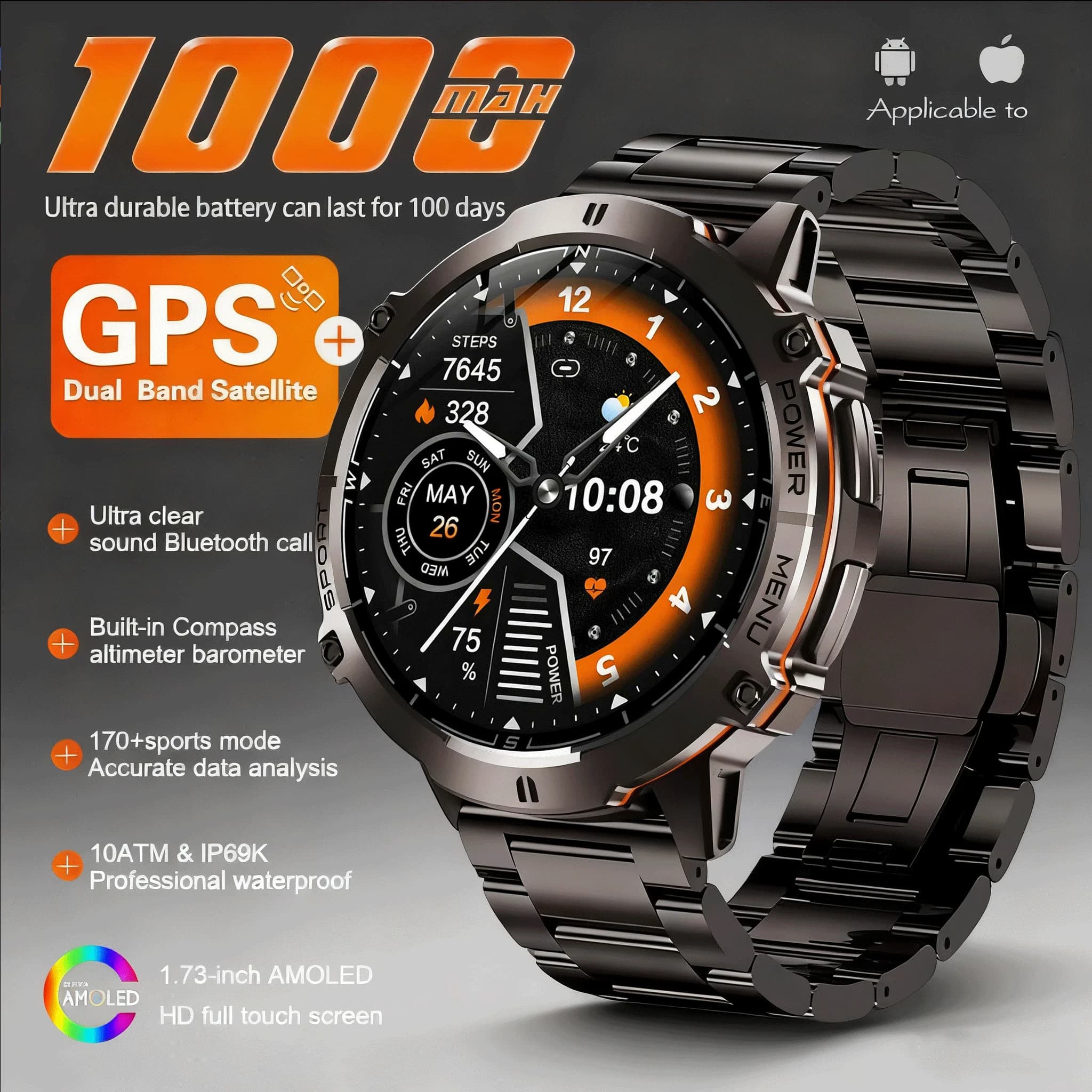 New TANK X3 Smartwatch for Adults with 1000mAh Large Battery, GPS, Compass, Altimeter, 5ATM Waterproof, BT Calls, Men's Sport Watch