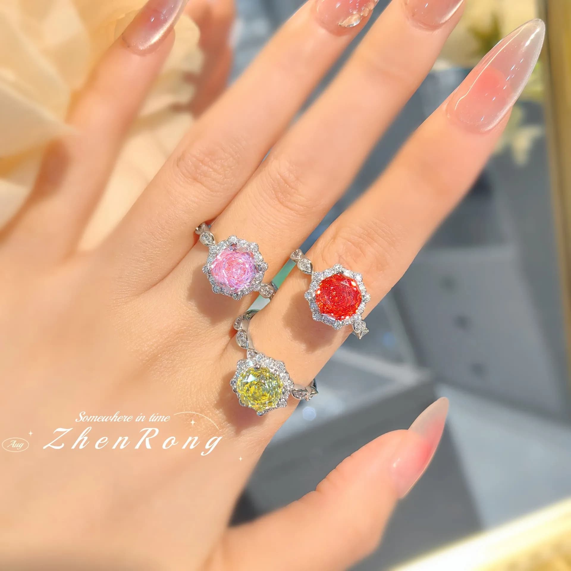 Fashion Light Luxury Octagonal Rose Cut Pink Diamond Silver Ring Fanta High Carbon Diamond Yellow Zircon Women's Ring