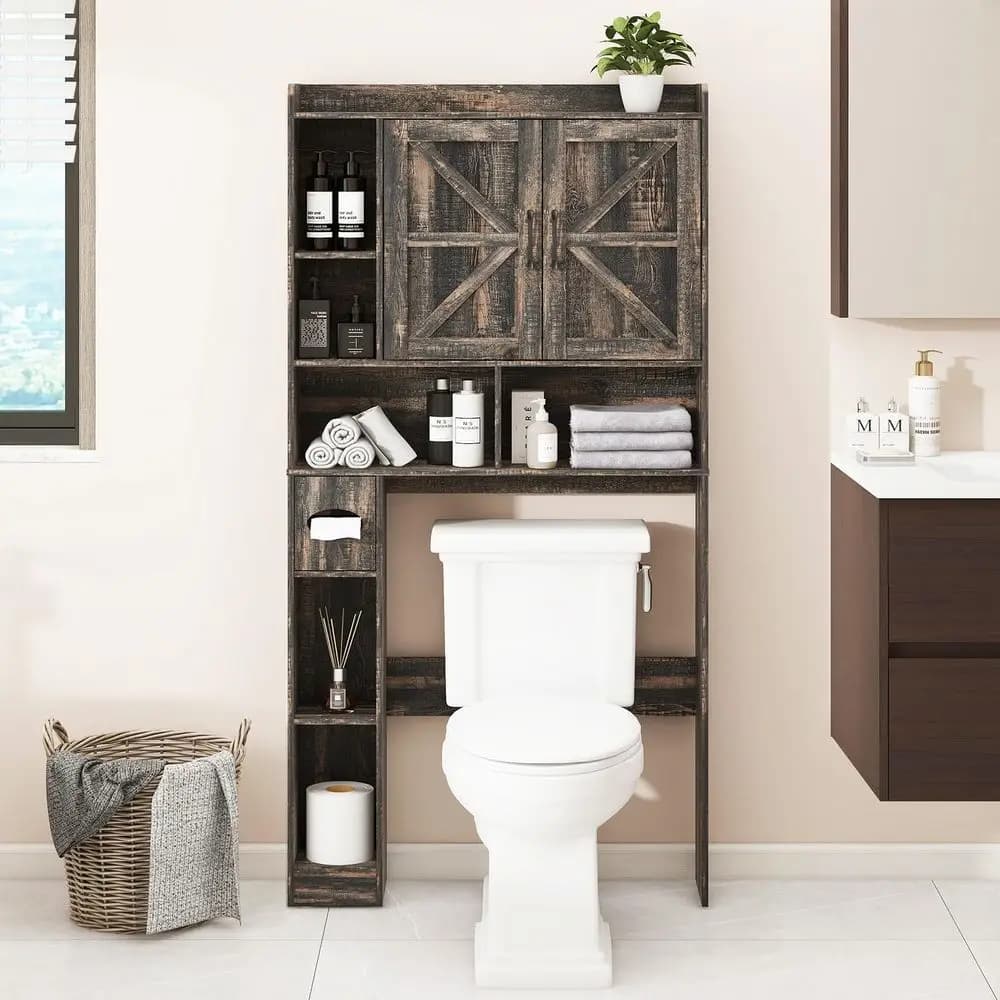 Mobiletto portaoggetti da bagno, mobiletto stile rustico da posizionare sopra il WC con 2 ante scorrevoli e porta carta igienica SpaceSavi