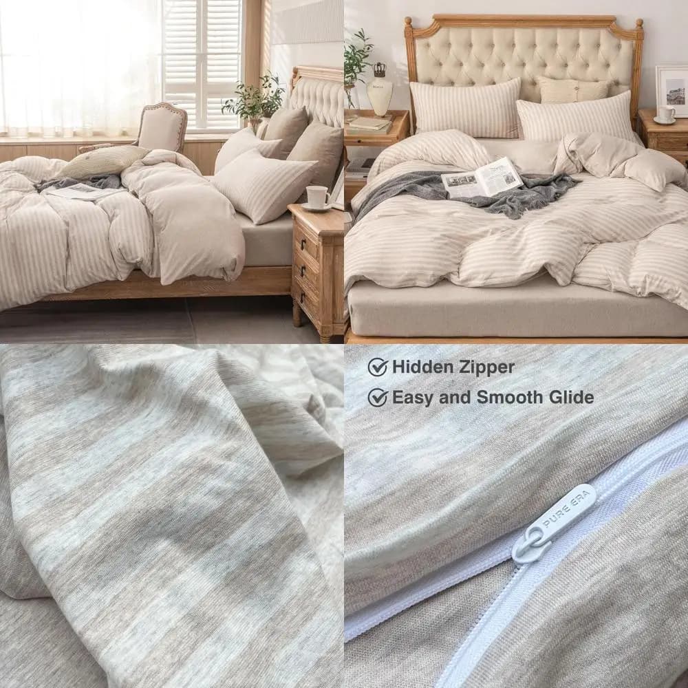 Set copripiumino in maglia jersey di cotone 100%: design morbido, confortevole e classico a righe con chiusura a cerniera, king size