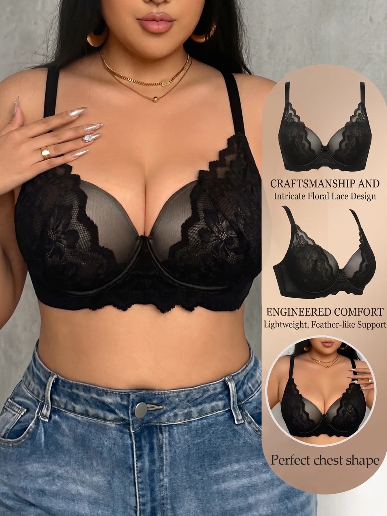 Reggiseno Plus Size da Donna con Spalline Larghe, Pizzo Floreale e Inserti in Rete, Push-Up, Coppe Sottili, con Ferretto e Supporto Laterale, Lingerie Quotidiana Confortevole