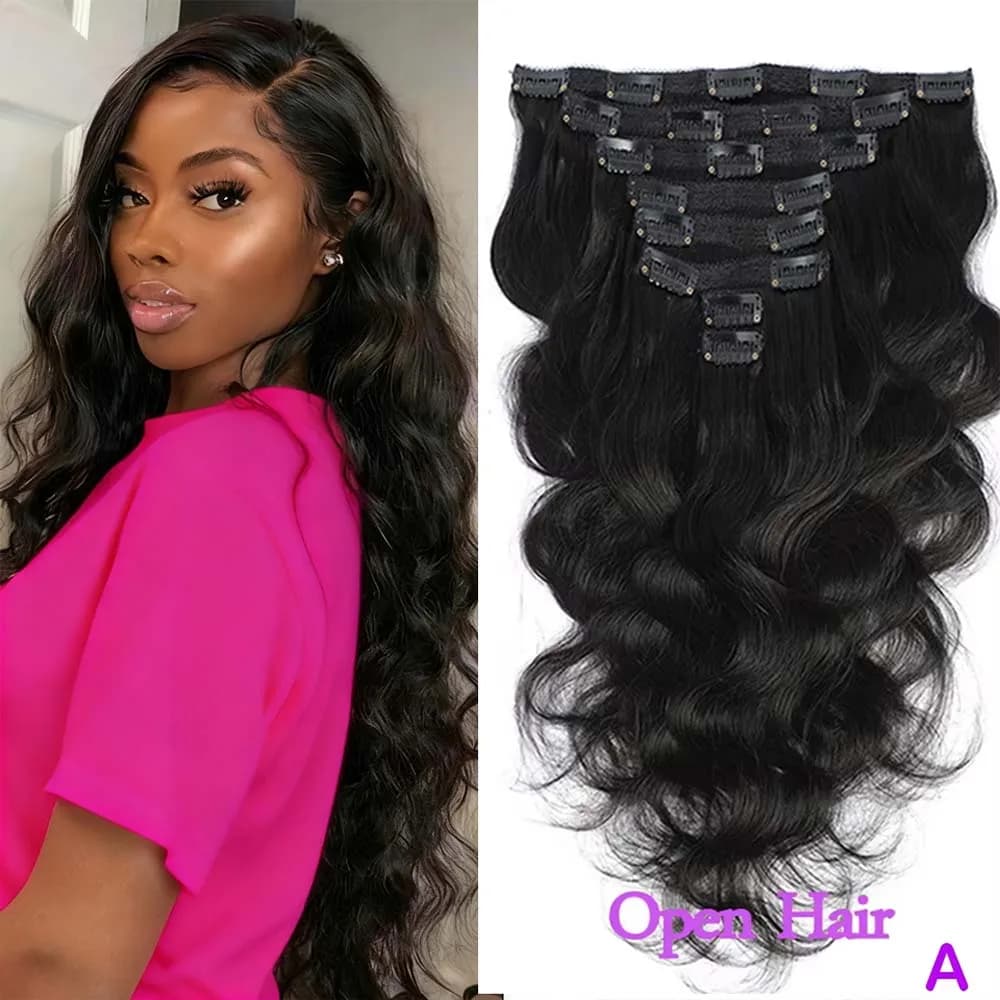 Extension per capelli umani con clip, effetto onda, set completo, capelli vergini brasiliani, extension con clip per donna, 8 pezzi/set, trama da 120 grammi