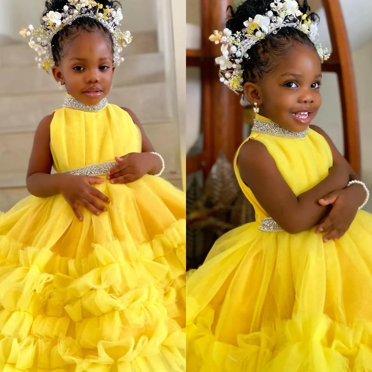 Abiti da ragazza di fiore gialli con collo alto Abiti da principessa personalizzati con volant per bambini Abito da ballo per ragazze Abito da prima festa di compleanno