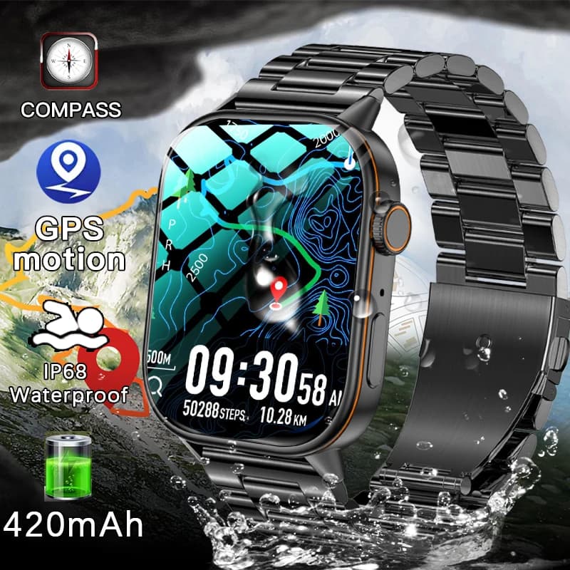 Smartwatch GPS Premium Originale per Uomo, IP68 5ATM Impermeabile, Chiamate BT, Bussola, 420mAh, Display AMOLED 1.96", Braccialetto Tracker per Donna, Monitoraggio Frequenza Cardiaca