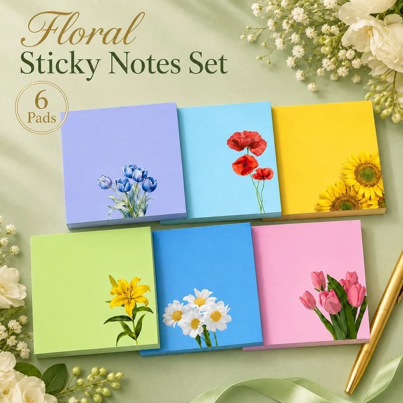 6Pads 3x3" Floral Self-Stick Memo Pads, Cute Flower Sticky Notes for Office School Journal, Floral Lovers Gift