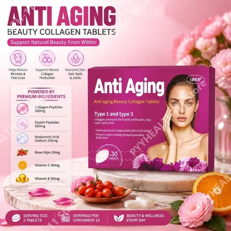 DHOP Anti Aging Hydrolyzed Collagen Tablets Helps Reduce Wrinkles & Fine Lines with Collagen Peptides Vitamin C Type I III 30 Ct
