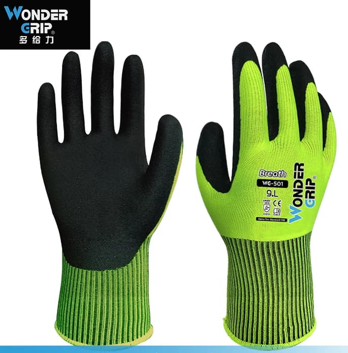 Guanto da lavoro da giardino Guanti di sicurezza da giardino con micro schiuma in nitrile verde fluorescente in nylon spandex