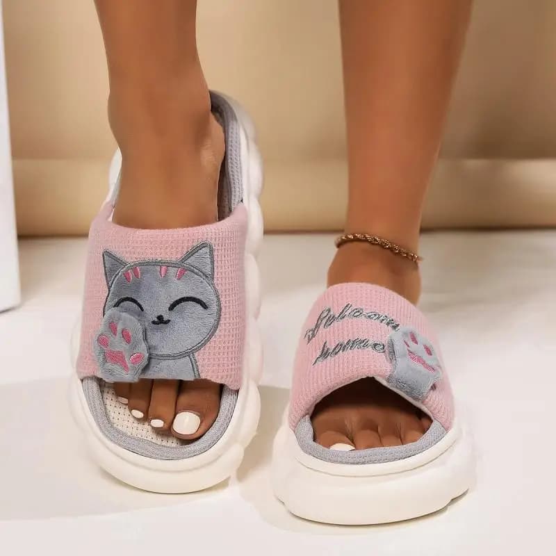 Pantofole casual in lino Piattaforma da donna per la casa Simpatico cartone animato Gatto Scarpe firmate Ragazze Moda piatta Calzature eleganti per interni di grandi dimensioni