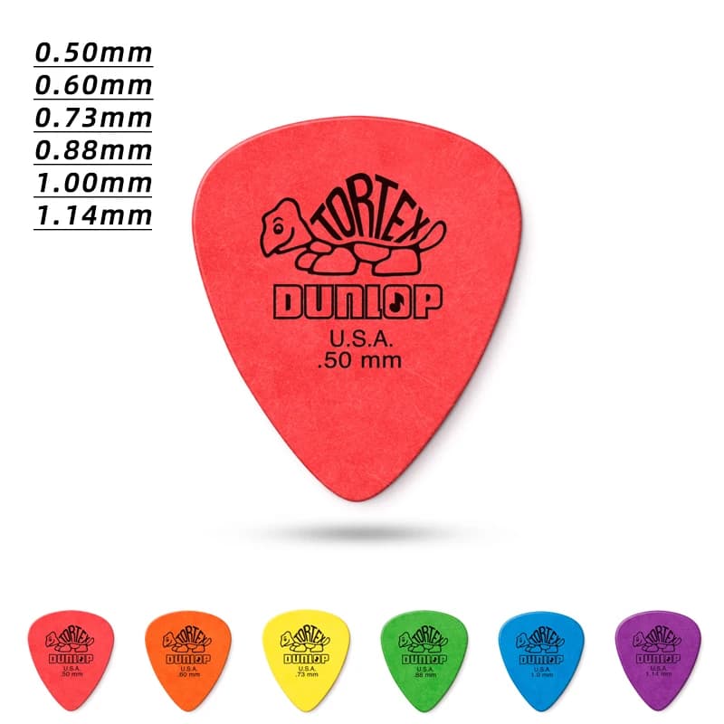 Scegli Dunlop. Plettri per chitarra acustica/elettrica antiscivolo in materiale TORTEX STANDARD 418R. Spessore: 0,50/0,60/0,73/0,88/1,00/1,14 mm.
