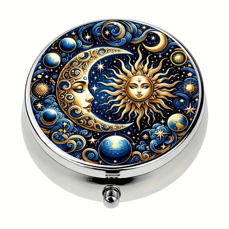 Moon And Black Cat Themed Pill Box - Golden Round Portable Design, Small Travel Size, Suitable for Wallet Or Pocket Storage