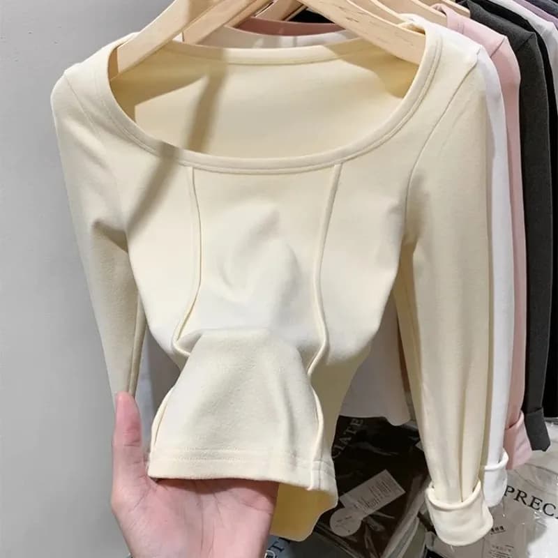 T-shirt termica da donna a maniche lunghe con collo quadrato Camicia base in velluto sottile Abbigliamento interno invernale Top corto slim fit Pullover Top