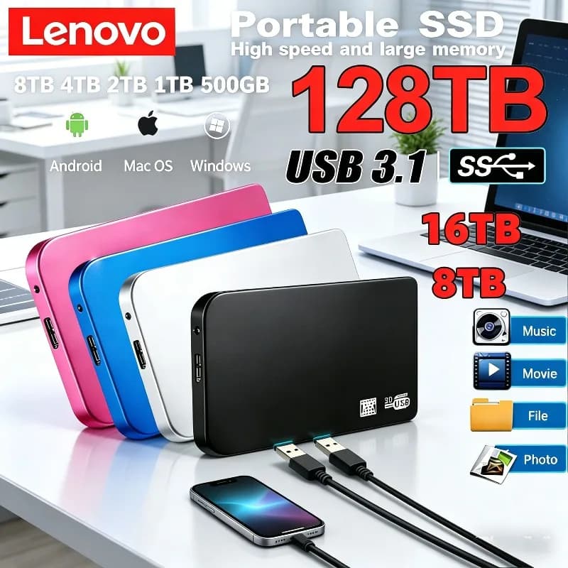 Enclosure USB 3.0 per SSD Lenovo, custodia per hard disk mobile da 8 TB con cavo USB 3.0 in ABS per memoria esterna SSD/HDD.