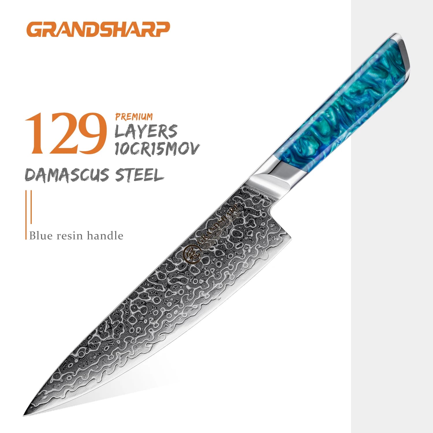 Coltello da Cucina Grandsharp, Lama da Chef 8 Pollici, Acciaio Damasco 129 Strati, Manico in Resina Blu, Nucleo 10Cr15MoV, Durezza 62±2 HRC