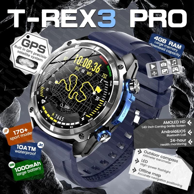 Nuovo T-REX3 PRO Orologio Intelligente GPS Militare da Uomo per Esterni Batteria 1000mAh Impermeabile 10ATM 4GB RAM Chiamate Bluetooth Smartwatch AMOLED HD