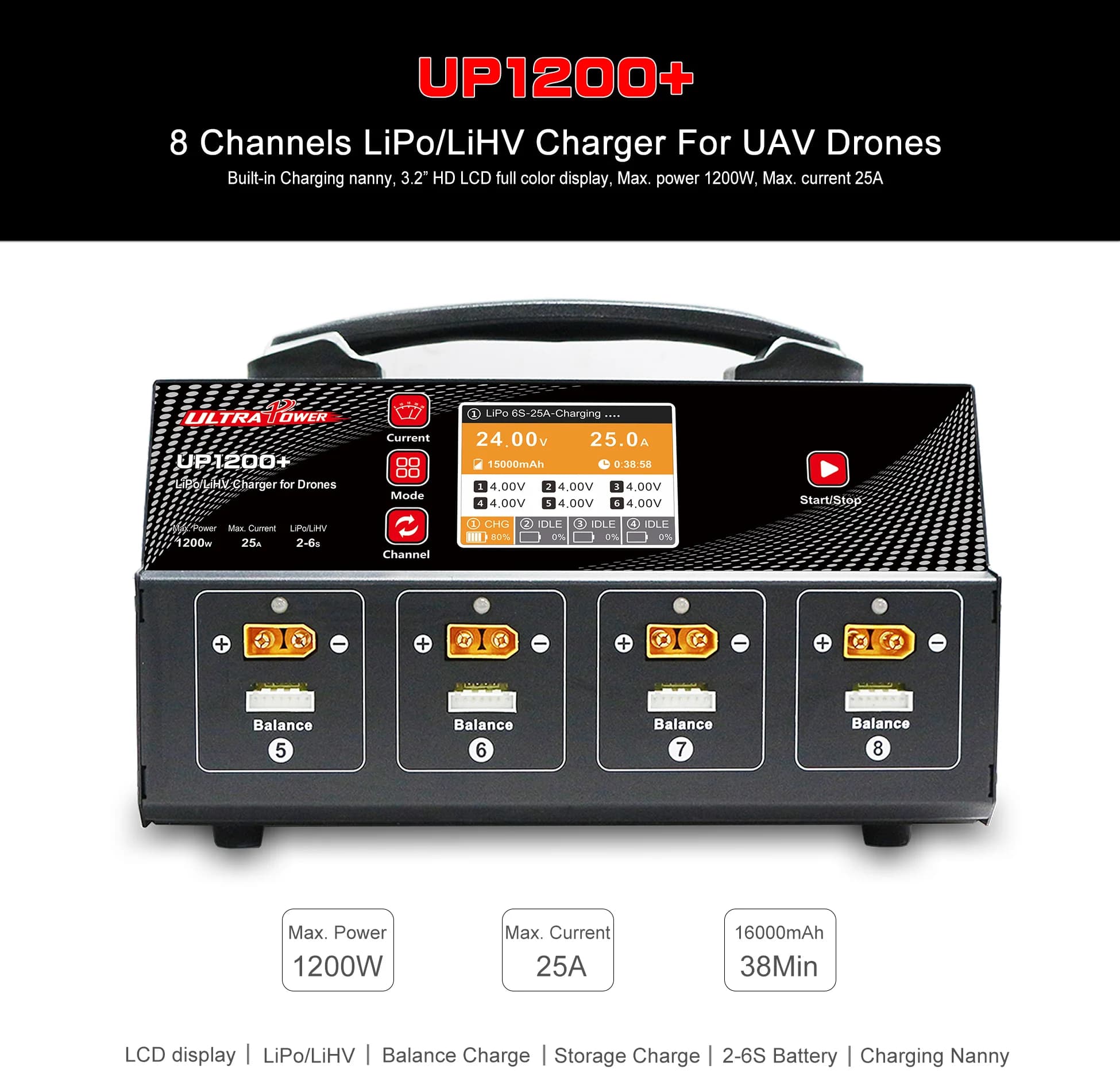 Caricabatterie intelligente Ultra Power Feitian UP1200+ a 8 canali con schermo per protezione delle piante, 25A ad alta potenza.