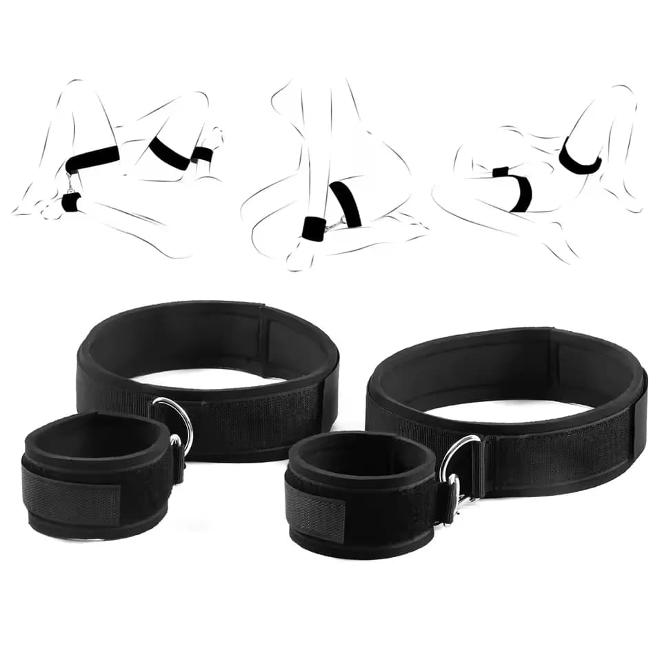 Set di strumenti di contenimento con cinghie, inclusi legacci per polsi e cosce, supporti regolabili per le gambe, manette per coppie principianti