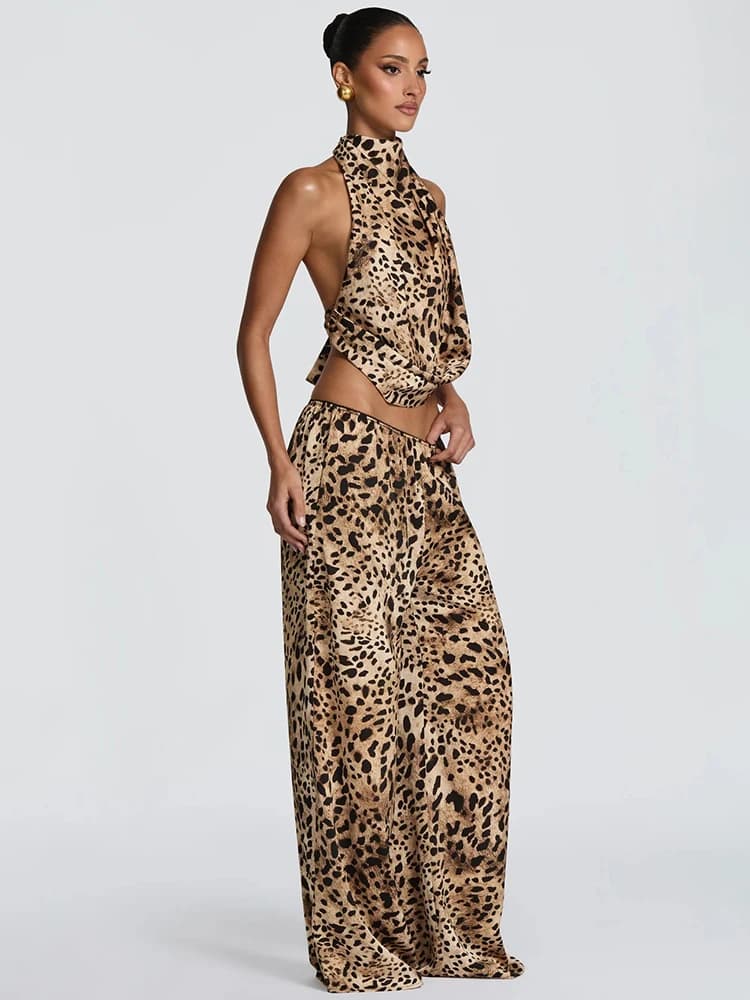 Sisterlinda Leopard Print 2 Piece Set Women Hottie Wild Halter Backless Bandages Tank Top+Wide-Leg Pants Fashion Street Suits