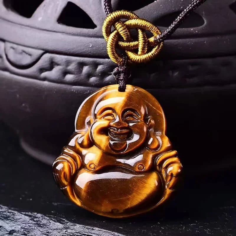 Gioielli di moda Gemme naturali Pietra energetica Collana con ciondolo Buddha ridente Collana con ciondolo in pietra naturale occhio di tigre giallo