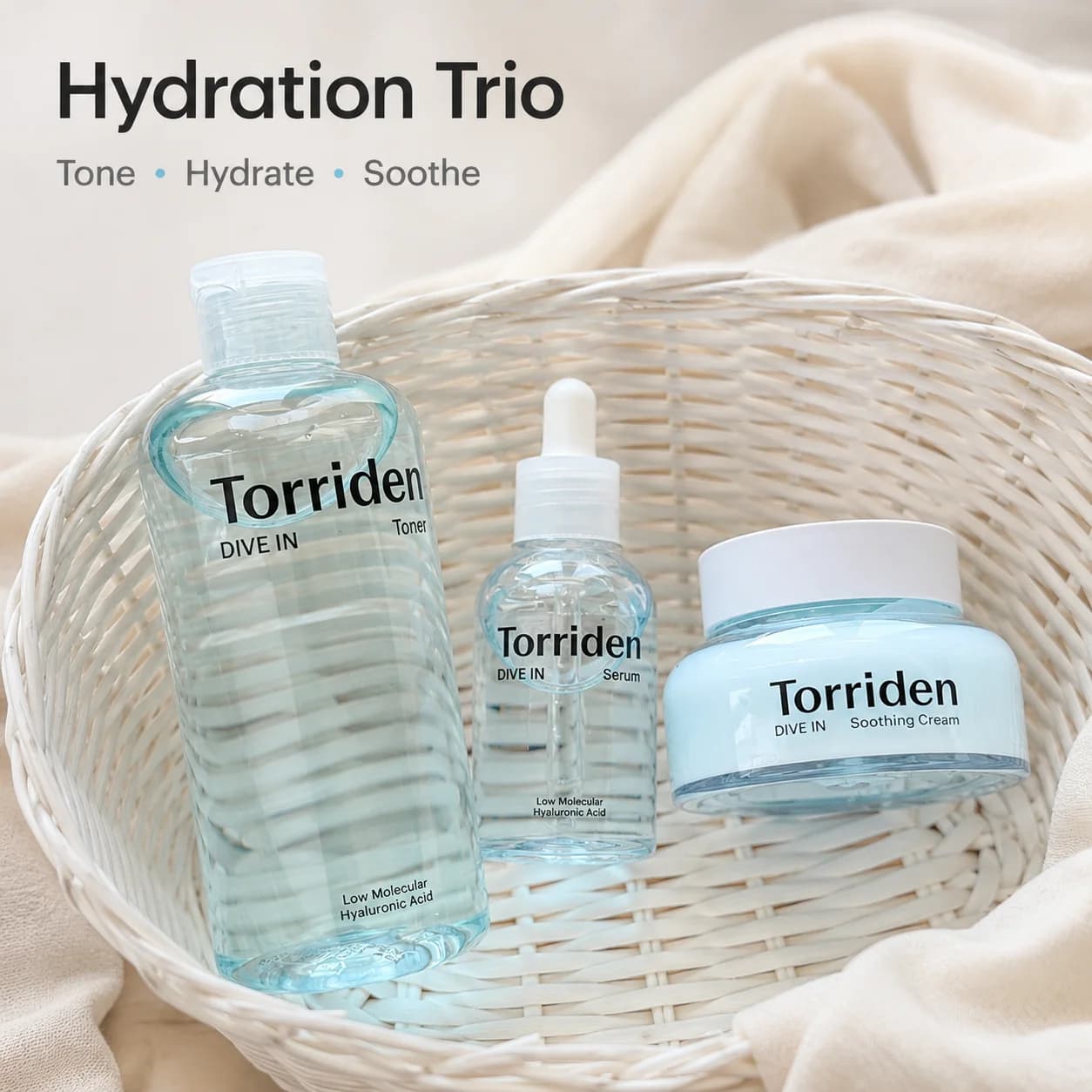 Torriden DIVE-IN 3Pcs Low Molecular HA Toner Serum Soothing Cream Hydrating Skin Care For Dry Sensitive Korean Facial Complexion