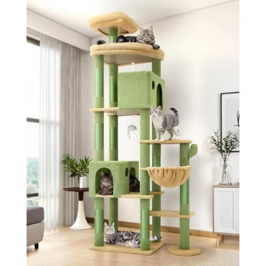 Albero per gatti da interno in legno ingegnerizzato verde, alto 83 pollici, con 9 posti per grattare, per uso intensivo da parte di gatti con peso superiore a 20 libbre.
