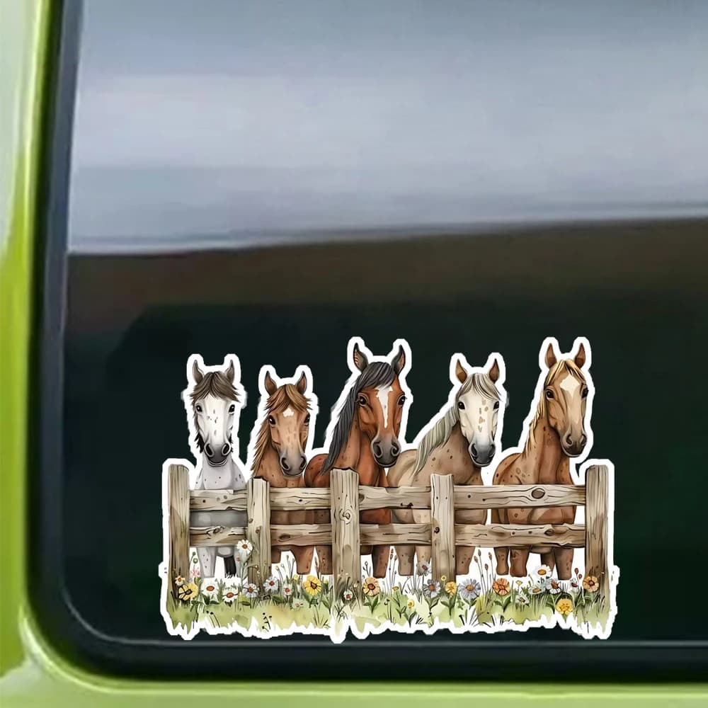 Adesivo decorativo impermeabile per auto con cinque cavalli al recinto, adatto per auto, laptop, paraurti, adesivo per vetri