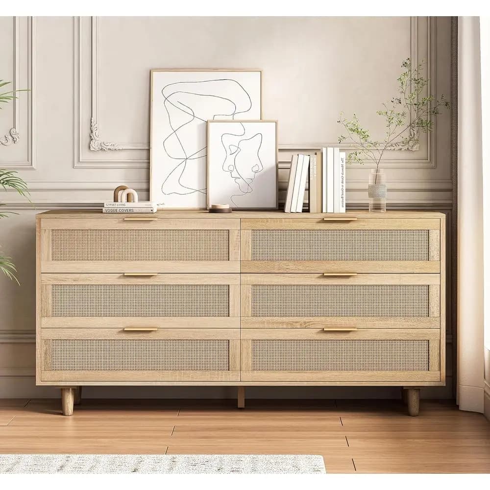 Cassettiera a due cassetti per camera da letto, in rattan naturale, armadio contenitore in legno con maniglie dorate, mobile contenitore da terra per soggiorno