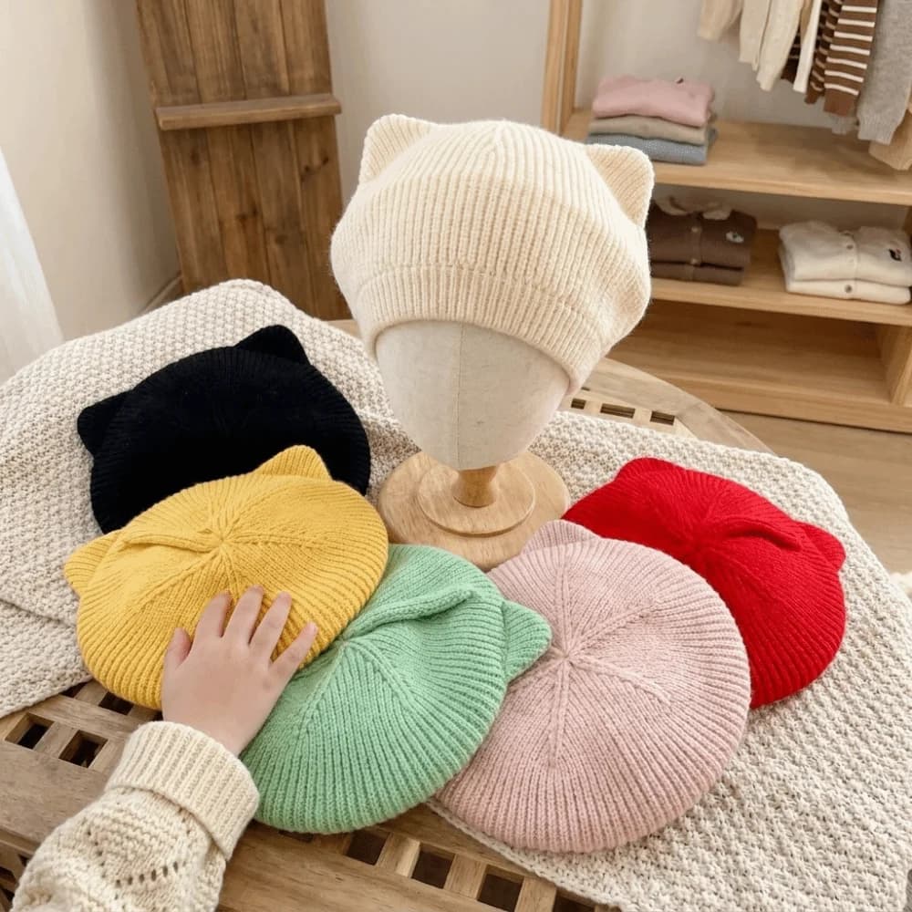 Knitted Yarn Girls Knit Beret Hat Cartoon Cat Ear Korean Style Beanie Hat Tail Detail Stretchy Fit Toddler Beret Cap