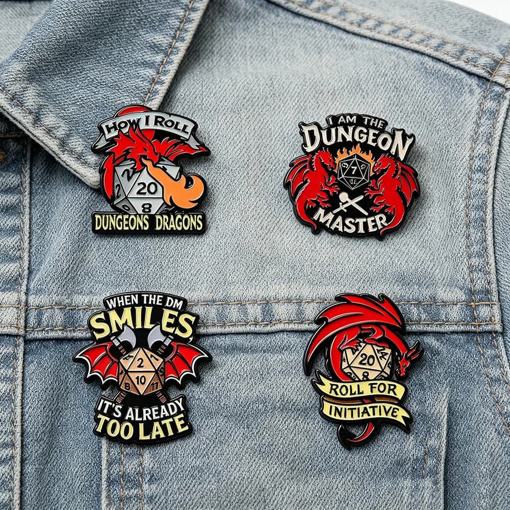 4Pcs RPG Game Enamel Pin Collection, Dragon D20 Dice Dungeon Master Brooch, Gothic Fantasy Lapel Badge for Men Women Gift