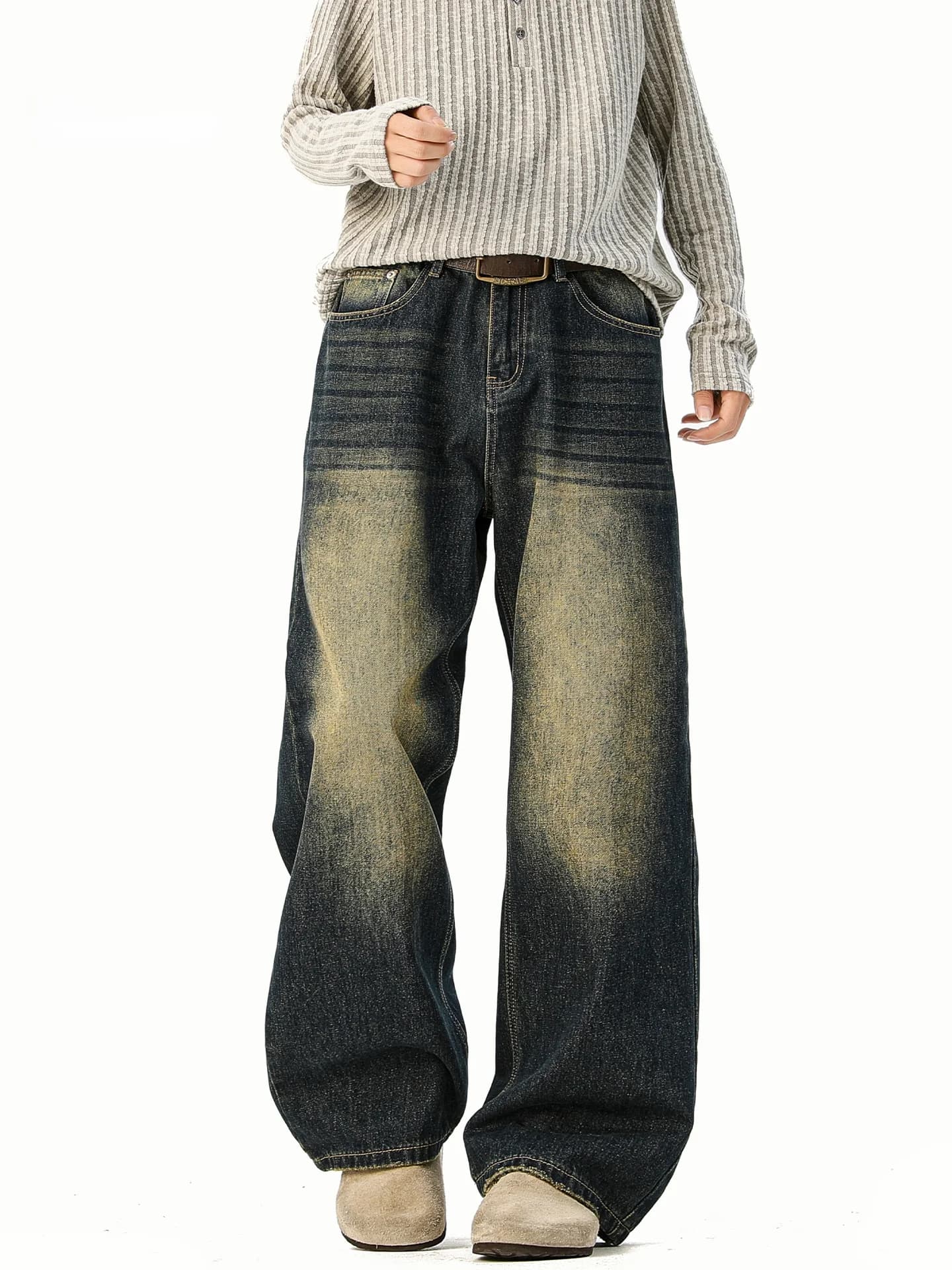 Wmnm American High Street Men's Fce Lined Thi Straight Leg Jeans Casual Wide Leg Pants Autumn Winter Faion