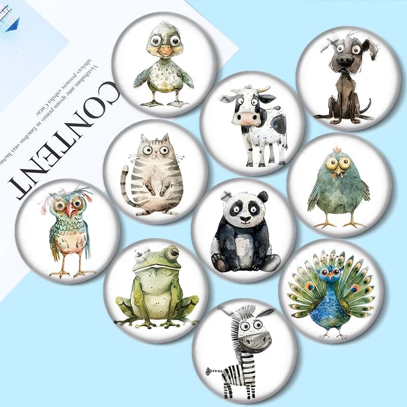 Watercolor Quirky Animals 12/18/20/25mm Glass Cabochon Bracelet Pendant Rings for Jewelry Demo Earrings Back Making Findings