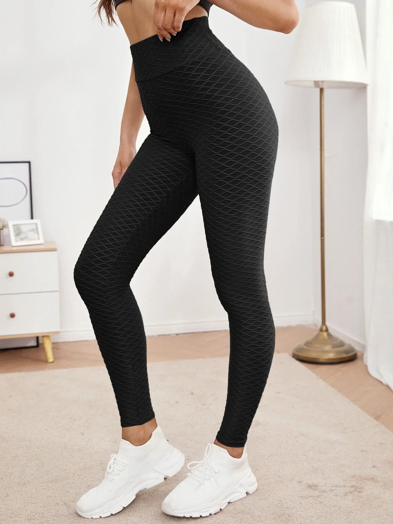 Leggings sportivi a vita alta con texture, tinta unita, per yoga, da donna